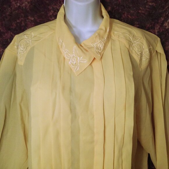 Vintage 80s Allison Smith Sheer Pleated Blouse Top -16 Flower Beads Yellow Flaws - Picture 2 of 9